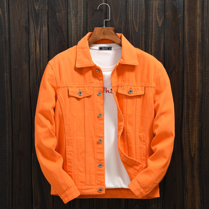 Trendy men’s spring/autumn orange denim jacket – drop shoulder, hong kong style, plus size, loose fit casual jacket top