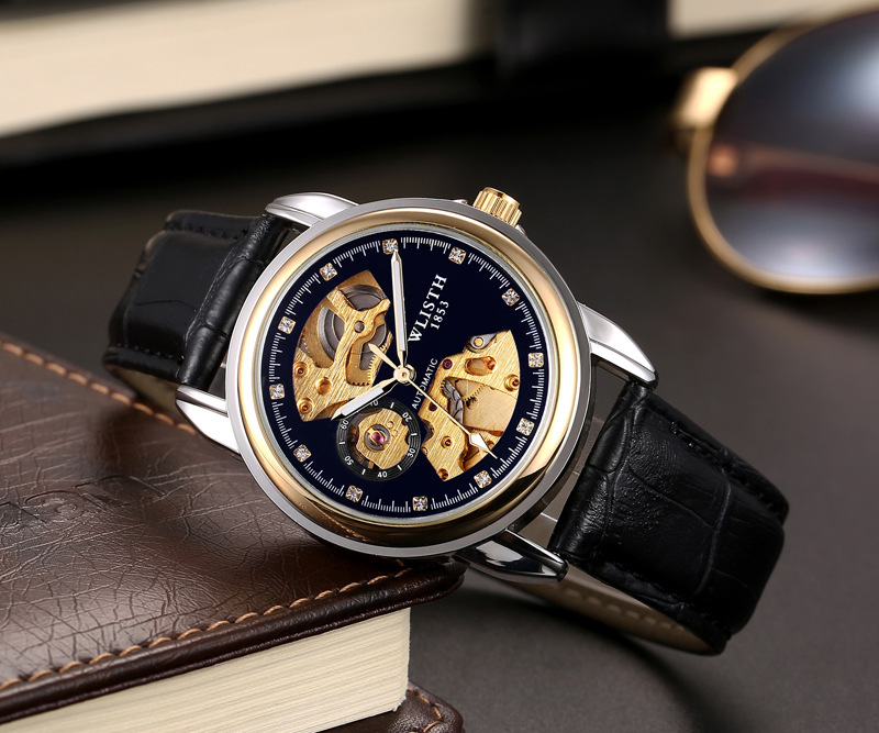 Stylish hollow-out men’s watch – waterproof, luminous, business leather strap, transparent case, automatic mechanical movement, men’s watch, export watch