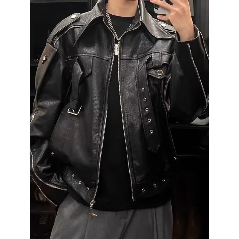 Handsome leather outwear men’s autumfashion street style outfit niche stylesense of design motorcycle clothing trendy brand shortjacket