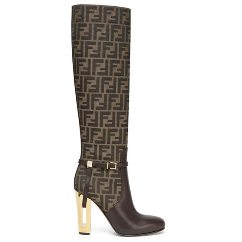 Fashion elegantnew arrival round toe metal high heel belt buckle cowhide catwalk shoes cross-border large size zipper over the knee boots