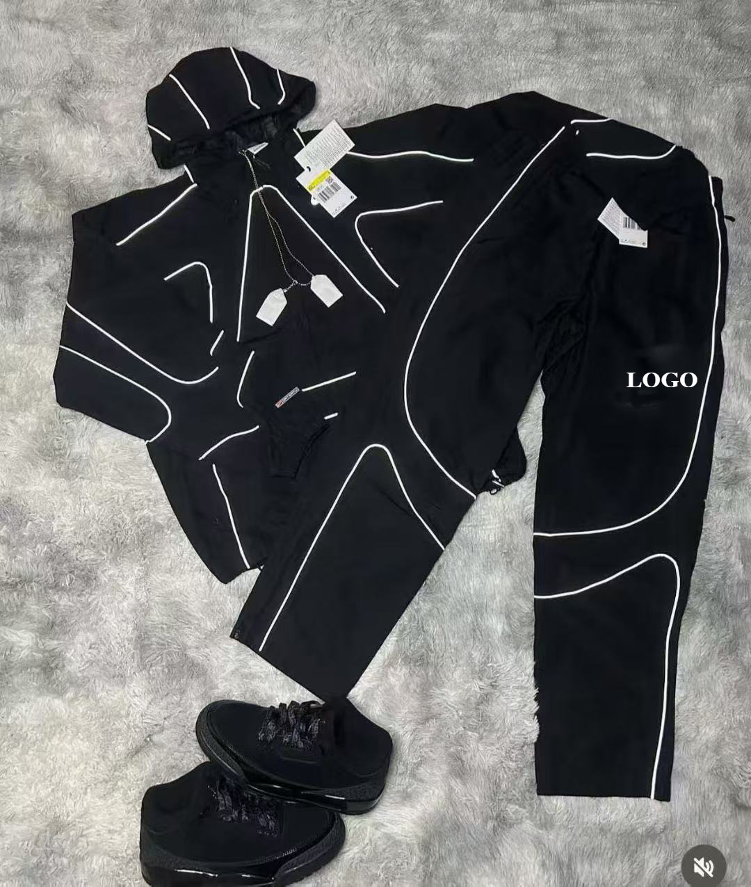 Cross-border nk devil’s island co-branded hook jacket outwear hooded men’s and women’s windbreaker waterproof reflective strip tops pants