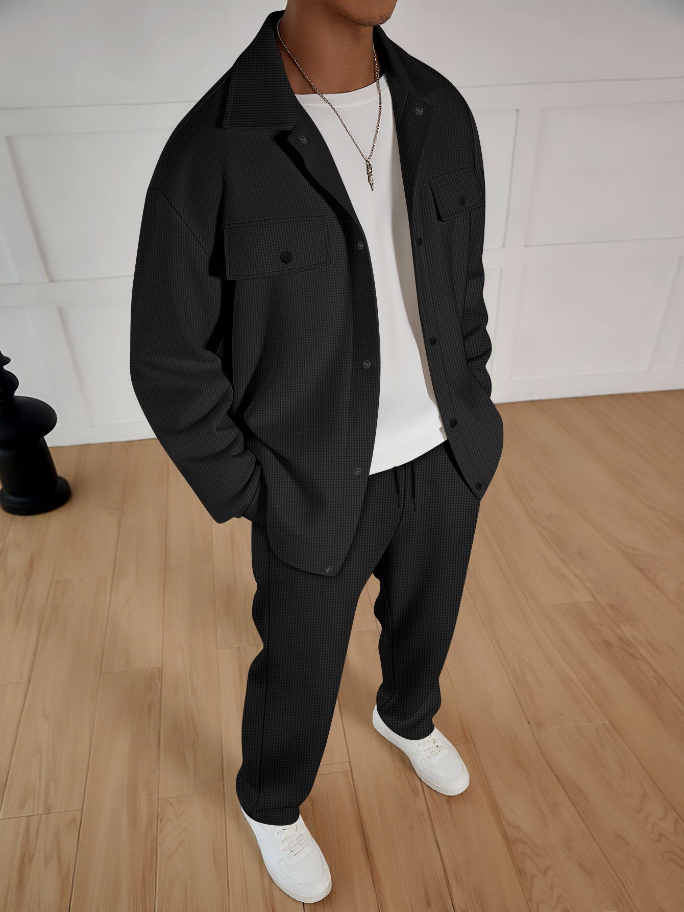 Cross-border mencasual sports suitcasual double flap pocket pants lapeljacketmatchingstraight-leg pantssuittwo-piece set