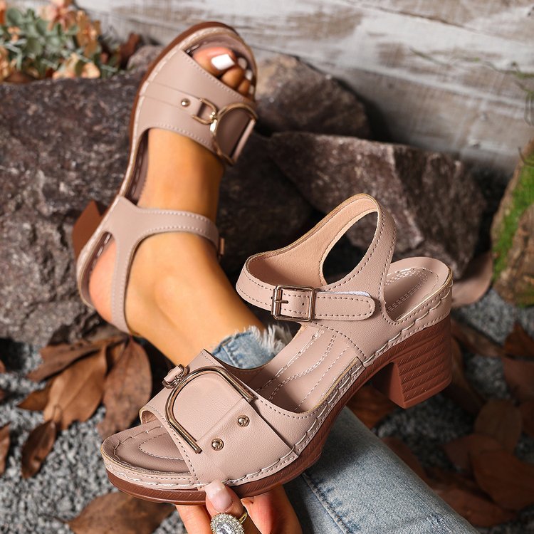 European and american amazon temu sandals women’s summer new chunky heel foreign trade cross-border casual comfortable leather buckle sandals for women
