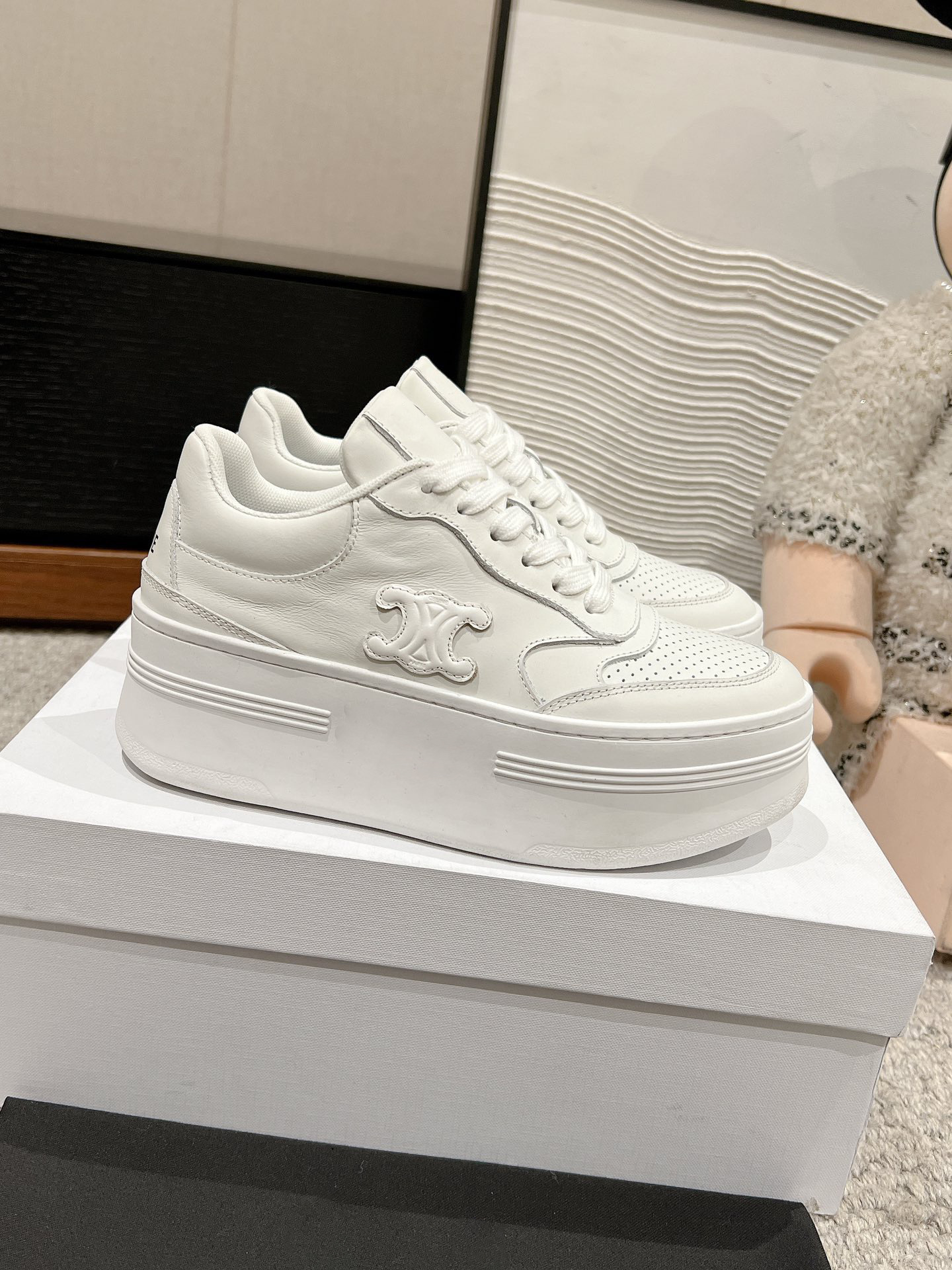 Channel edition! arc de triomphe platform chunky sneakers – women’s leather breathable height-increasing lace-up athletic casual shoes