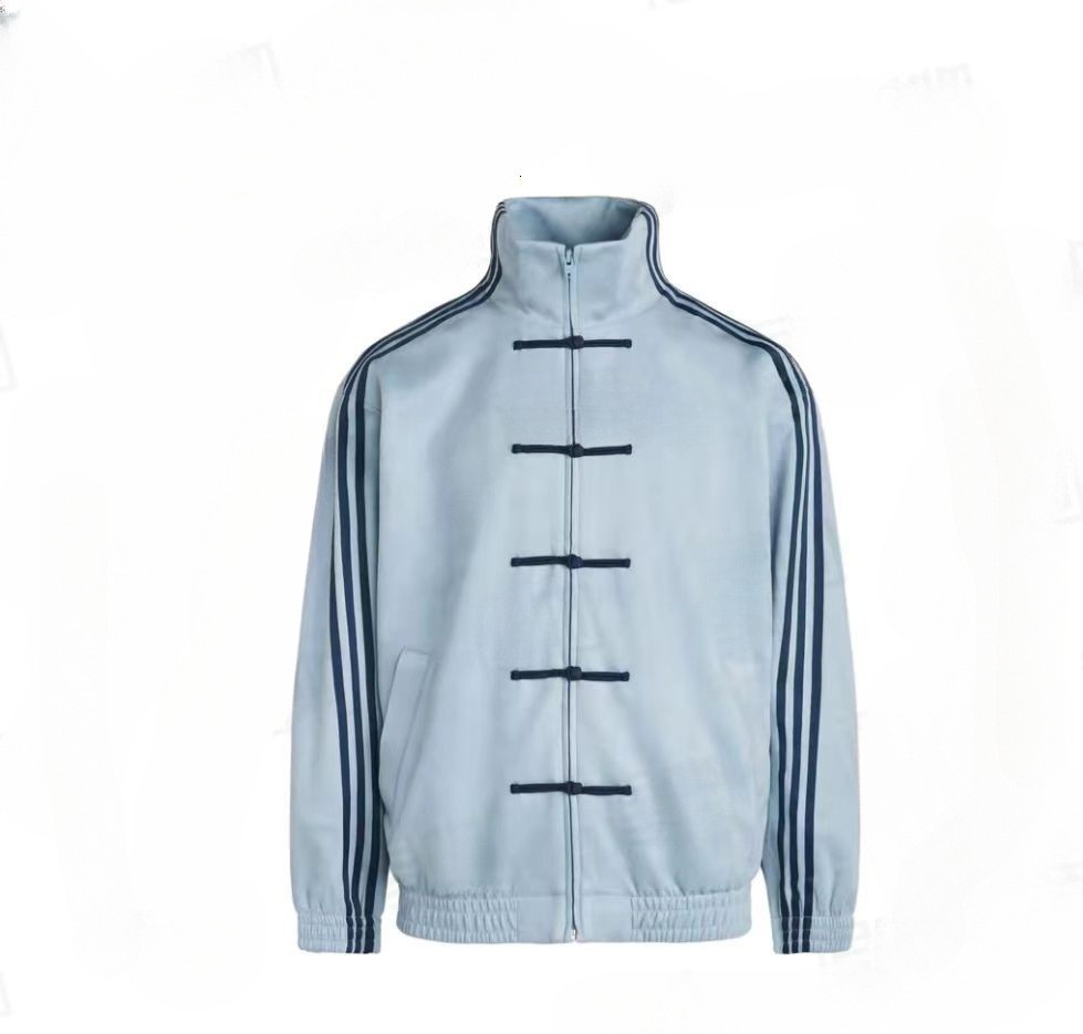 Blue and white patchwork three-stripe stand-up collar jacket men’s spring popular wear new chinoiserie disc button classy tang suit tops