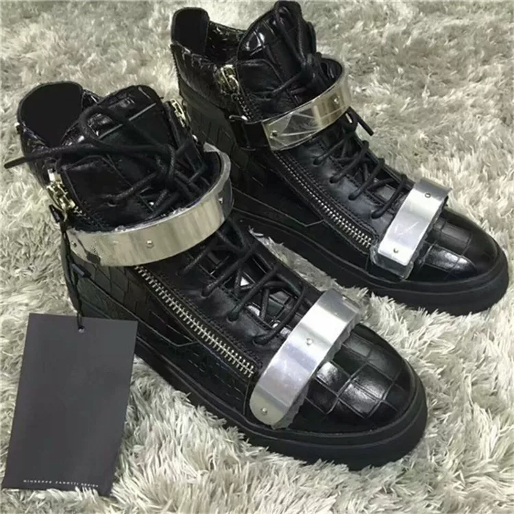 Spring/autumn agz european and american style black genuine leather patent leather high-top zipper metal double buckle flat sneakers – trendy men’s and women’s shoes