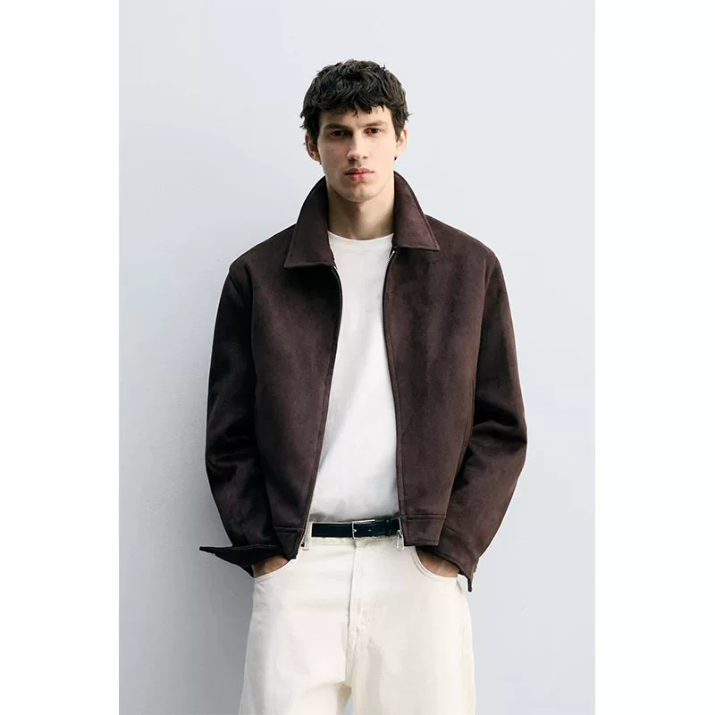 2025 autumn new men’s suede-look slim-fit straight-leg zip-up jacket with turn-down collar 3548150 800