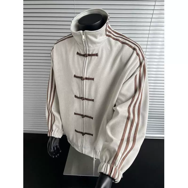 Blue and white patchwork three-stripe stand collar jacket, a new chinese-style, autumn outerwear with chinese knot buttons, fashionable retro tang suit
